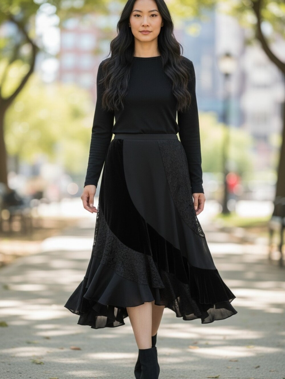 Sunny Leigh Black Velvet Lace Ruffle Midi Skirt Sz 6 Gothic Boho Mermaid Flare